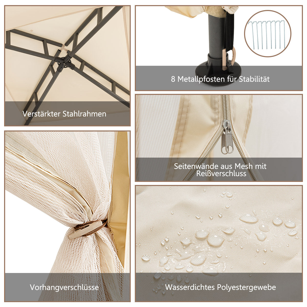 Coast Tuinpaviljoen (Partytent) - Inclusief 4 Zijwanden, Waterbestendig & UV-bescherming - 300 x 300 x 265 cm - Staal/Polyester - Beige