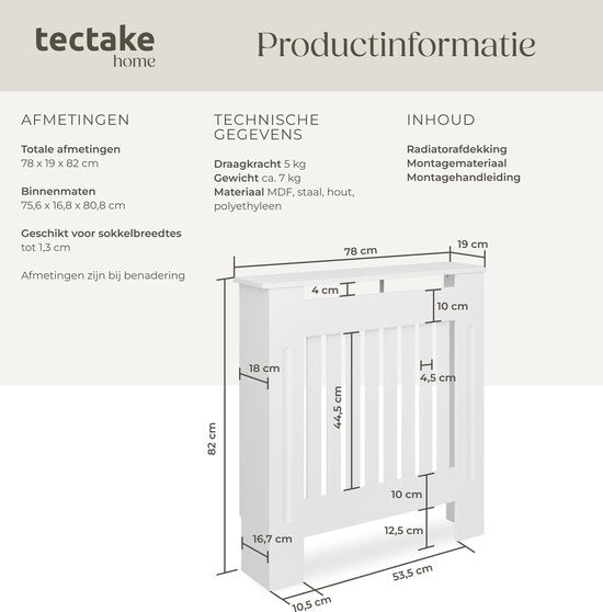 tectake® Radiatorombouw - Radiatorafdekking - Radiatorpaneel - Radiatoromkasting - Verwarmingsombouw - Lamellenontwerp, met plank - Div. afmetingen - 78x19x82cm - wit