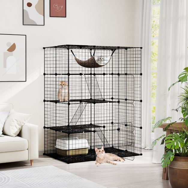 Ruime 4-laagse kattenkooi 143 cm hoog – Zwarte metalen draadkooi met hangmat, plateaus en ladders voor katten en kleine huisdieren