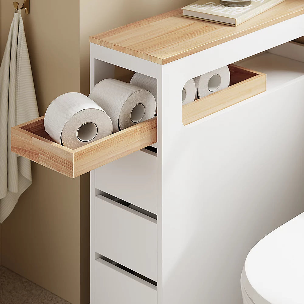 SoBuy – BZR54-II-W Slanke Vrijstaande Badkamerkast – 65 x 23 x 82 cm – Voorzien Van 3 Lades En 4 Wielen En Verplaatsbaar Tussenschot – Voor Badkamer En Gastentoilet – Wit MDF En Rubberhout