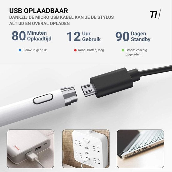 Tikkens Stylus Pen - 2 In 1 Active Pencil Geschikt Voor Tablet, Ipad, Android en Apple Telefoons - Wit