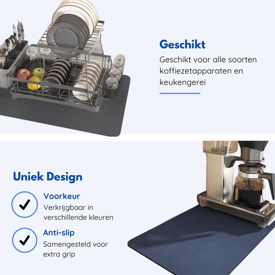Hilvard - Afdruipmat - Tampermat - Koffiemat - 40 x 30cm - Absorberende Afdruipmat - Navy blauw