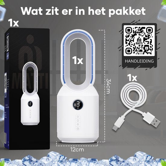 MATTI® - Tafelventilator - Ventilator Staand - Draadloze Ventilator - Bladeless - Incl. Nachtlampje - Wit