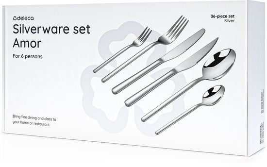 Deleca 6 Persoons Luxe RVS Bestekset Amor (36-delig) - Lepels, Messen, Vorken, Steakmessen & Gebaksvorkjes - Vaatwasserbestendig - Zilver Design Bestek - 18/0 Edelstaal
