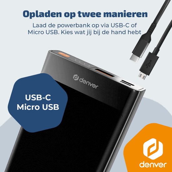 Denver Powerbank - 10000mAh - 22.5W Snelladen - Led Indicatie - Noodpakket - PQC10008
