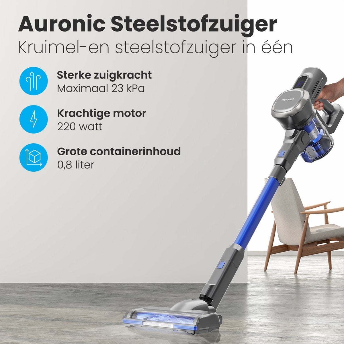 Auronic Steelstofzuiger - Zelfstaande Draadloze Steelstofzuiger - Zonder Zak - 220W - Vacuum Cleaner - Grijs/Blauw