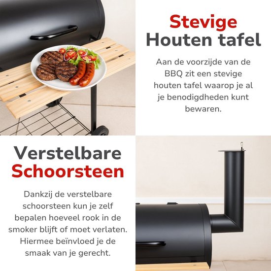 alpina Smokerbarbecue - BBQ Smoker - met Aparte Smoker - Instelbare Schoorsteen - 104 x 58 x 114 cm