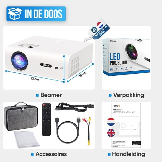 Strex Beamer - 1080P Full HD - 15000 Lumen - Draadloos Streamen - Inclusief Tas/Projectiescherm - WiFi - Bluetooth