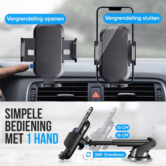 Strex - Telefoonhouder Auto - 360° Draaibaar voor Voorruit, Dashboard en Ventilatierooster - Universeel - Zwart
