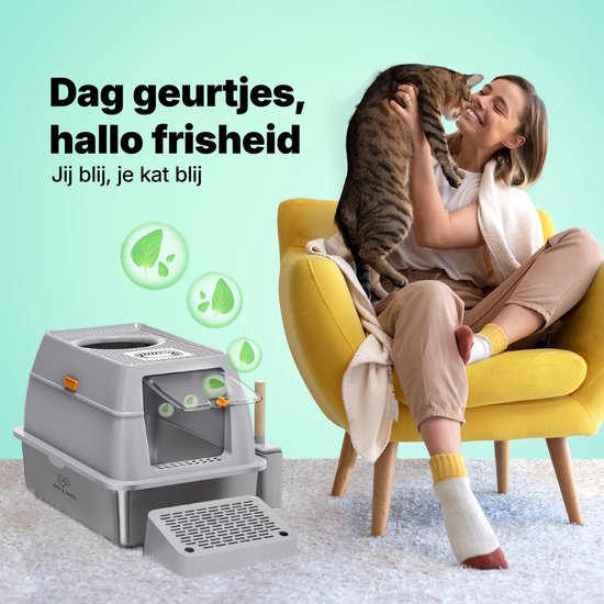 Jake en Jacky RVS Kattenbak Hop In - Kattentoilet Roestvrijstaal - Incl. Kattenbakschep met Houder en Gritopvang Opstapje - Top Entry - 3 in 1 Open Kattenbak met Afneembare Deksel - 60x40x38cm - Grijs