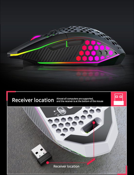 HXSJ T500 - Draadloze Gaming Muis - Ultra licht - RGB Verlichting - Licht wit