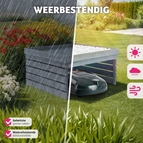 tectake® Garage voor robotmaaier - Houten behuizing met groendak, plantenbak, bloembak - Tuinopslag voor grasmaaier - Weer- en UV-bestendig - 84 x 78 x 46 cm