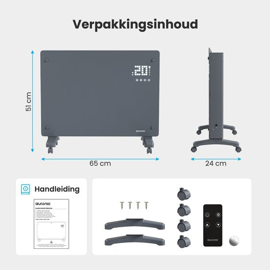 Auronic Elektrische Kachel – Convectorkachel met Thermostaat en Afstandsbediening - Glazen Paneelverwarming - 1500W Heater - Grijs