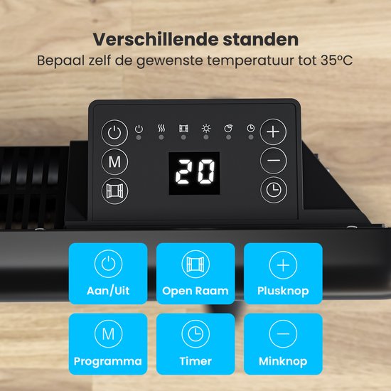 Auronic Convectorkachel - 2000W - Elektrische Kachel - 3 Standen - Metalen Paneelverwarming - Vrijstaand - Wielen - Zwart