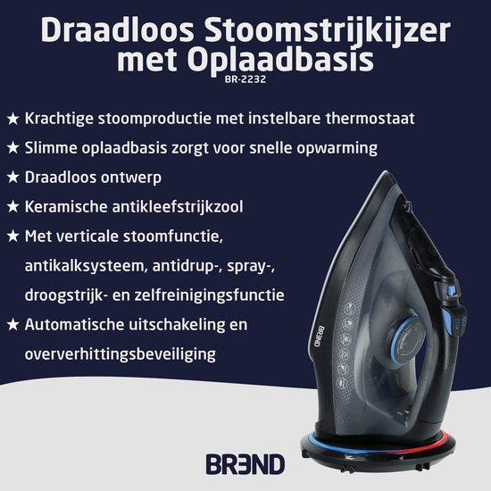 BREND BR-2232 Draadloos Stoomstrijkijzer met Oplaadbasis – Verticale Stoomfunctie, Antikalk en Zelfreinigend – Instelbare Thermostaat – 200W