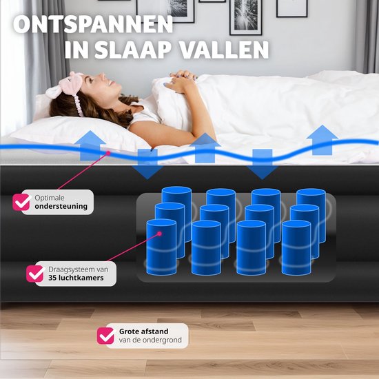 tectake® - Opblaasbaar matras AirDreams met elektrische pomp - Inclusief draagtas met koordsluiting - Waterafstotend - Slaapkamer - Camping - Logeerbed - Afmeting (LxBxH) 200 x 148 x 44 cm