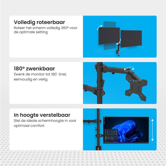 Auronic Monitor Arm - 2 Schermen - 13 tot 27 Inch - Verstelbaar - Draai, Kantel en Zwenkbaar - Dubbele Monitor Beugel - Staal - Zwart