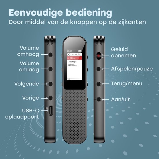 Audyn Voice Recorder Digitaal - 400 Uur Audio Opname - Afluisterapparatuur op Afstand - Dictafoon - 360° HD Opnames - Zwart