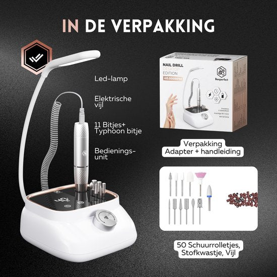 Beeperfect® Elektrische Nagelvijl Desktop Edition - Nagelfrees - Manicure en Pedicure set - 40.000RPM - Draadloos & Oplaadbaar - 11 Bitjes 3 Accessoires & 56 Schuurrolletjes - Rose Goud