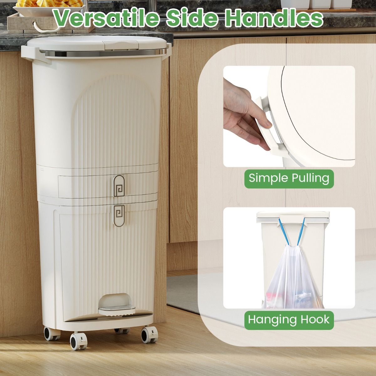 Coast Keukenafvalbak - 3-vaks afvalscheiding - voetpedaal en wielen - beige/wit - 42 liter