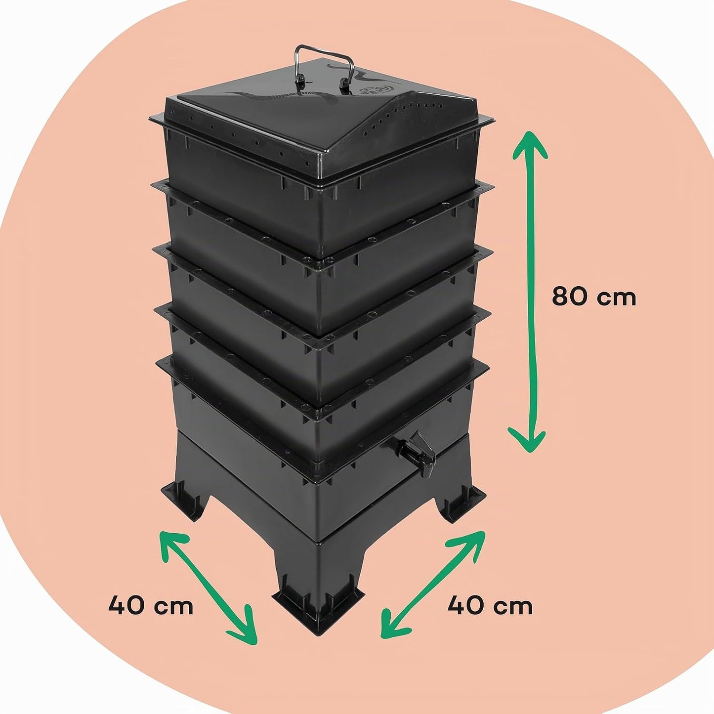 Billiebin Wormcomposter 4 Etages – Startset met Compostwormen, Kokossteen en Substraat – 40 x 40 x 80 cm – Groen