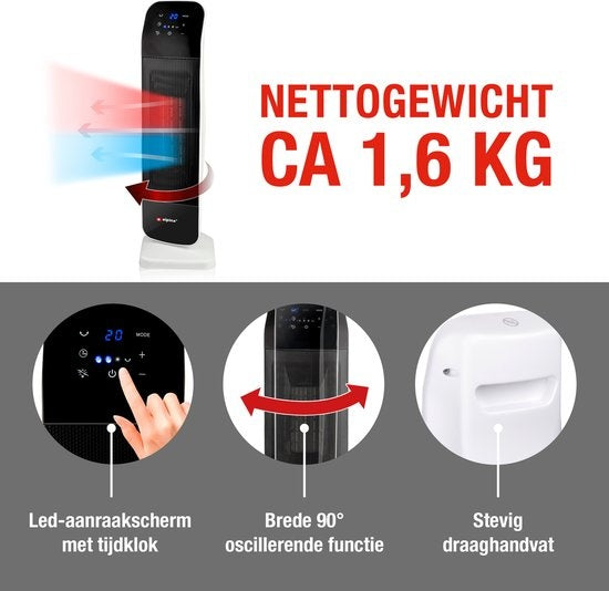alpina Elektrische Verwarming - Keramische Ventilatorkachel - ook Verkoeling - Timer - Afstandsbediening - Zwenkfunctie - 2000W - Zwart Wit