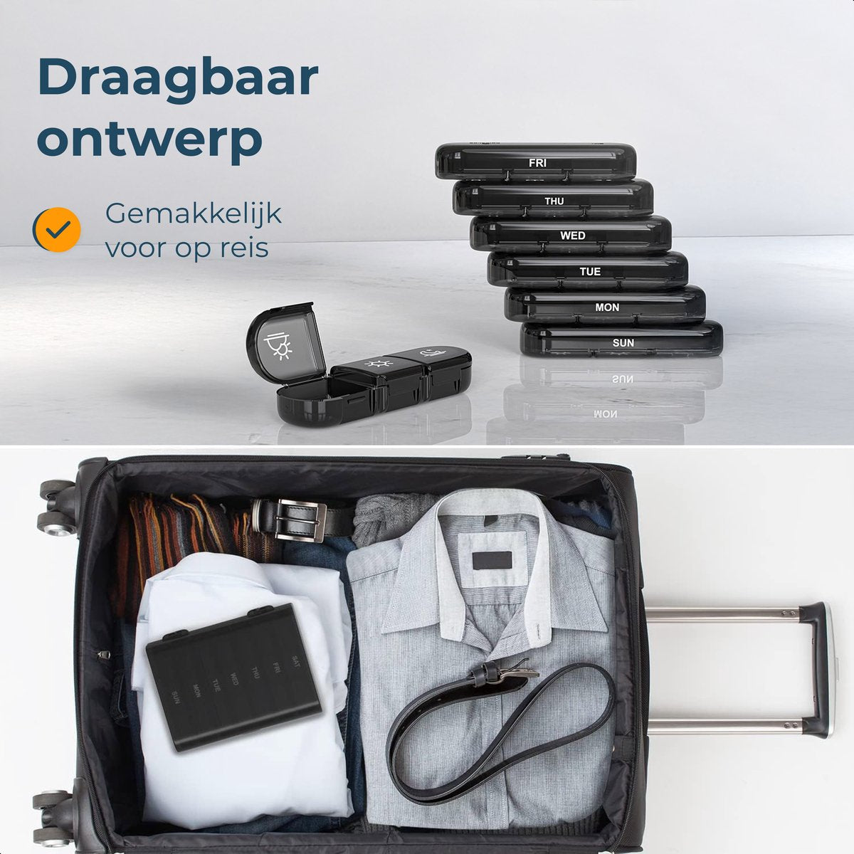 Alyze Medicijndoos 7 Dagen Zwart 15.6 x 12 x 4.2 cm – Pillendoos BPA-vrij met 3 Vakken per Dag – Compact en Duurzaam Medicatiebox