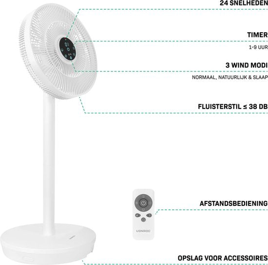 VONROC BREEZE Draadloze Ventilator – Fluisterstil (<44 dB) – 24 snelheden – lichtgewicht en draagbaar - 3 windmodi: Natuurlijk, Slaap, Normaal – Modulair: tafelventilator én vloerventilator – Luxe touchdisplay – Incl. afstandsbediening – Wit