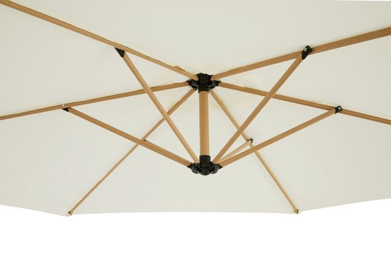 Zwevende / Hangende Parasol - Creme - 300 cm breed - 250 cm Hoog - Houtlook - incl. hoes