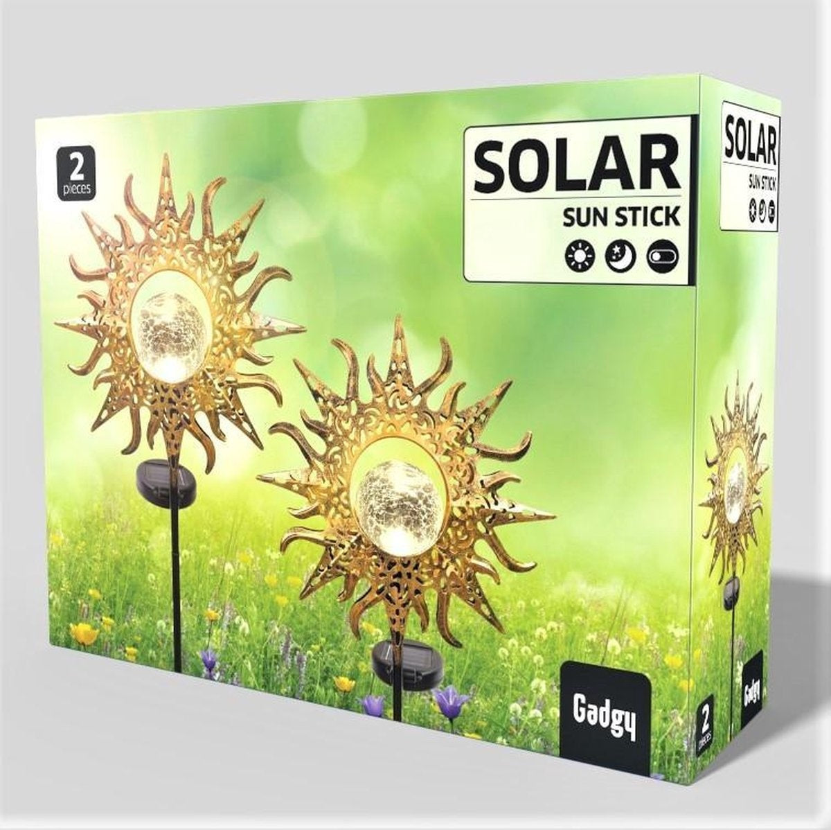 Gadgy Solar Tuinfakkel Zon met grondspies - Tuinsteker Set van 2 st. - Tuinfakkels 103CM Hoog - Tuinverlichting op zonneenergie buiten - Led buitenverlichting met sensor - Brons kleurig Metaal