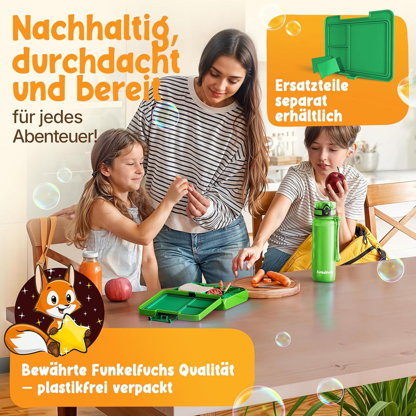 Funkelfuchs® - Lunchbox kinderen met vakjes - 500ml, groen - Lunchbox ster, klein - Snackbox, snackbox, broodtrommel, maaltijdbox, bentobox kinderen - voor school, kleuterschool en kinderdagverblijf