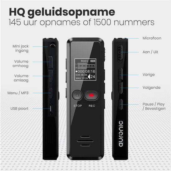 Auronic Digitale Voice Recorder - Dictafoon - 8GB Opslag - Ruisonderdrukking - USB Oplaadbaar - Afluisterapparatuur - Zwart
