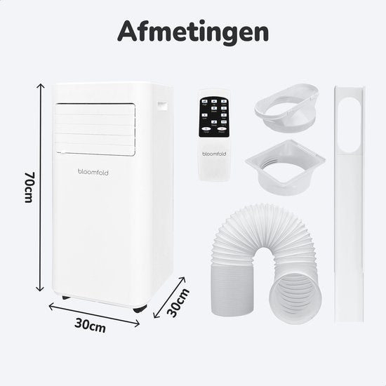 Bloomfold 4-in-1 Mobiele Airco – Incl. Raamafdichtingskit – 9.000 BTU – 31,5 x 31 x 70 cm – Wit