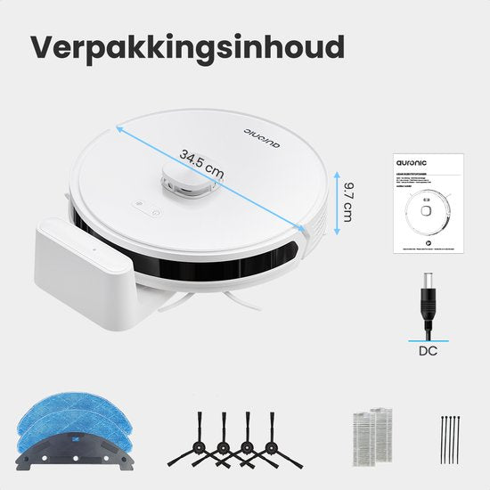 Auronic Robotstofzuiger - Met Dweilfunctie - WiFi en App - Laadstation - Huisdieren - Dweilrobot - Laser Navigatie - Wit