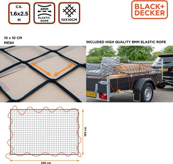 BLACK+DECKER Aanhangwagennet - 2 x 3 M - Rekbaar Elastiek - In Opbergtas - Zwart