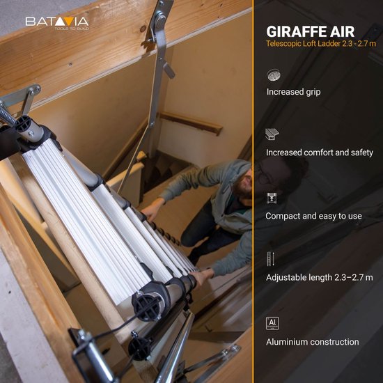 Batavia Telescopische Vlizotrap 2.30m - 2.70m Giraffe Air® - Compact, gebruiksvriendelijk ontwerp met grip, brede treden voor veiligheid, snel te installeren