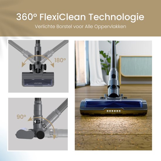 Vapore Steelstofzuiger Draadloos - 47 Minuten Accuduur - 350W - Snoerloze Stofzuiger - Zonder Zak - Op Accu - Vacuum Cleaner - Kruimeldief - Draadloze Steelstofzuiger - Zwart