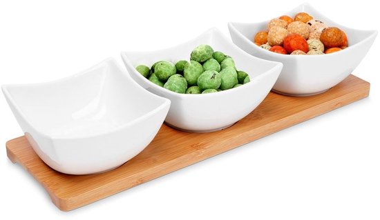 Excellent Houseware - Serveerplank/borrelplank- hapjes/saus/tapas - porselein - incl. 3x schaaltjes
