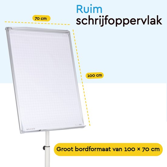 BRASQ Flipover Verrijdbaar Deluxe - 70x100 cm - Verstelbaar Whiteboard - Inclusief 25 vellen papier en accessoires - met Uitschuifbare Armen - Magnetisch bord met Haken - Magneetbord- Wit