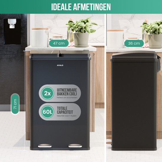 Avalo Prullenbak Afvalscheiding 60 Liter - RVS Zwart - 2 Vakken - Milieubewust, Hygienisch & Vingerafdrukvrij - Pedaalemmer / Vuilnisbak
