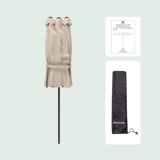 LifeGoods Dubbele Parasol - Tuin - 270x460cm - tot 15 Personen - Waterdicht - met Hoes - Taupe