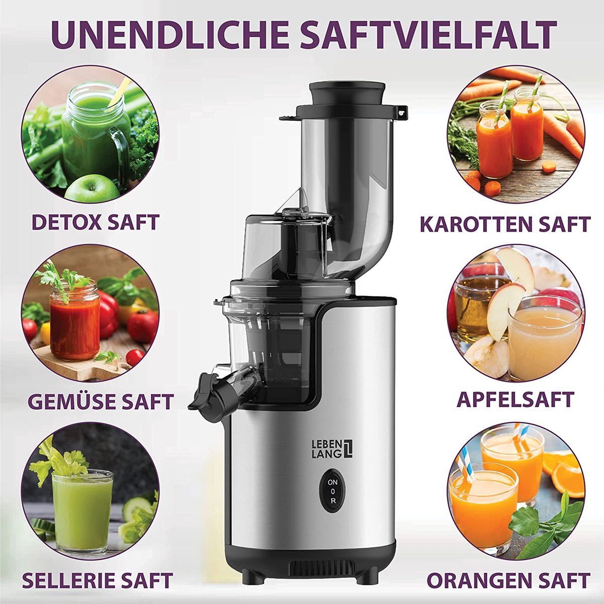 LEBENLANG Slow Juicer 45x35x25 cm – Grijs – BPA-vrije koudepers voor groente & fruit, keramische persslak, elektrische sapmaker voor selderij, wortel & smoothies