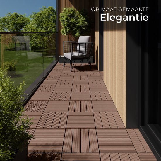 tectake® WPC houten tegels - Houtlook tegels - Weerbestendig - Vloerbedekking voor buiten - Vloertegels - Balkonvloer - Terrastegels met kliksysteem - Afvoer - Set van 11 - Bruin