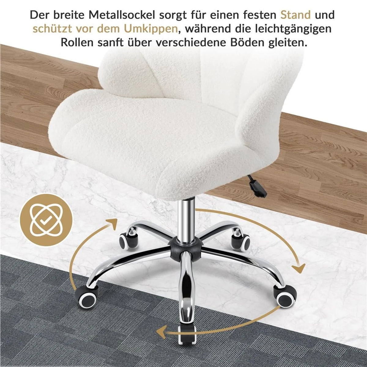 Yaheetech Elegante Draaistoel met Schelpdesign 76,5-86 cm – Schneeweiß – Polyester en Metaal