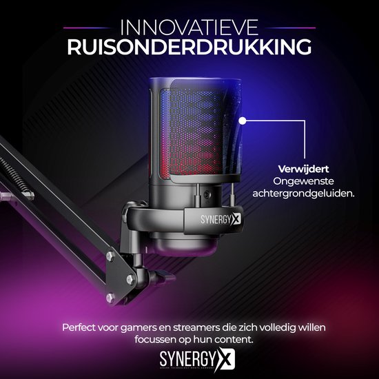SynergyX SonicFlex Pro Microfoon - USB Gaming Microfoon Met Arm - PC-Gaming - Geschikt voor PC/PS4/PS5 - RGB - Podcast - Gaming - Streaming - Zwart