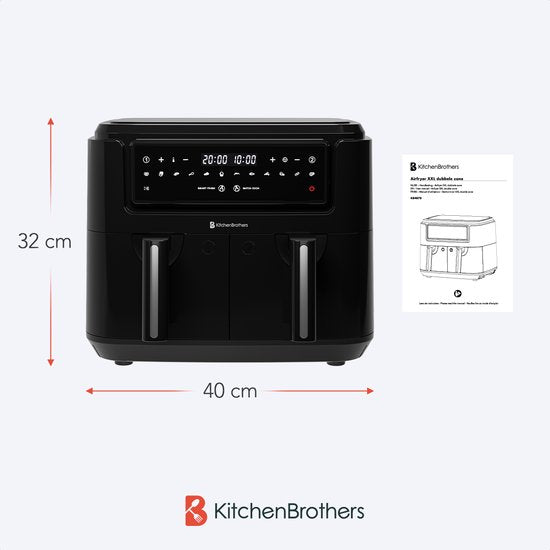 KitchenBrothers Airfryer – Dual Zone & 9 Liter – 2400 W – 36,1 x 40 x 32 cm – Zwart