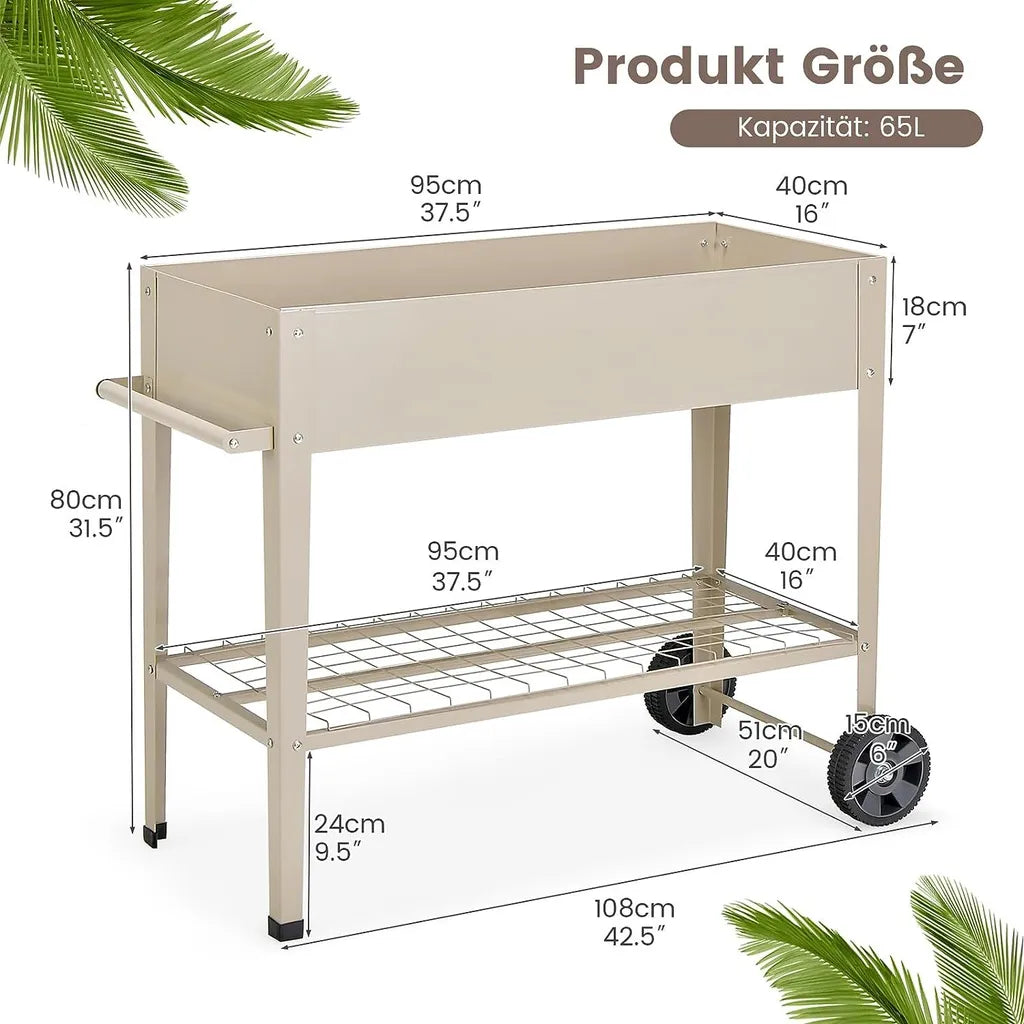Coast Verhoogde Plantenbak – Metalen Moestuinbak met Onderplank, Wielen en Haken – 95 x 40 x 80 cm