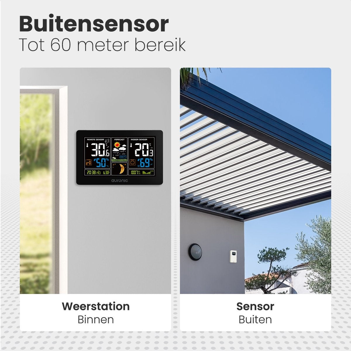 Auronic Weerstation - Draadloos - Binnen en Buiten - met Buitensensor - 60M Bereik - Zwart