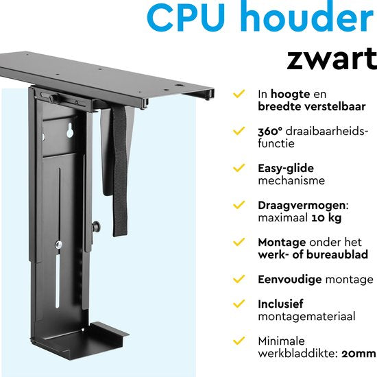 BRASQ Universele CPU Houder Zwart - Verstelbare CPU-standaard - Kabelmanagement - 360 graden draaibaar - Draagkracht 10 KG