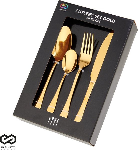 Infinity Goods Bestekset - Goud - 24-Delig - 6 Persoons Bestek - Mes/Lepel/Vork - RVS - Goud